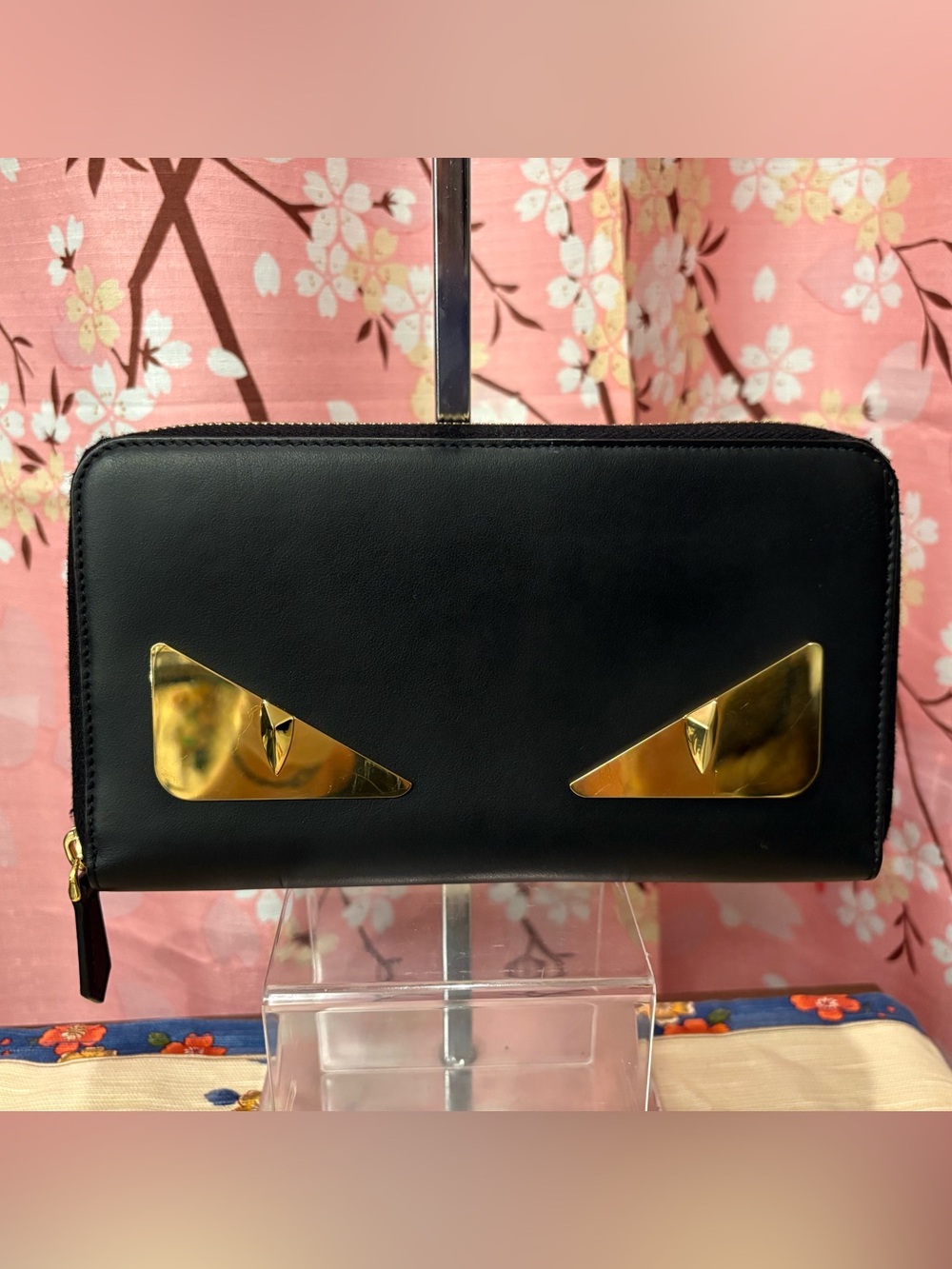 Fendi Bag Bugs Monster Eyes Zip Around Travel Organizer Wallet Clutch Black COA